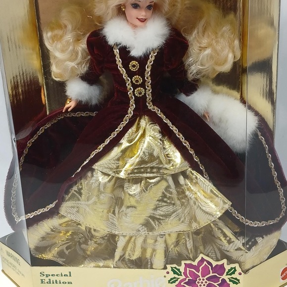Happy Holidays Special Edition 1996 Barbie Doll 15646 Burgundy White Gold In Box - Picture 8 of 9